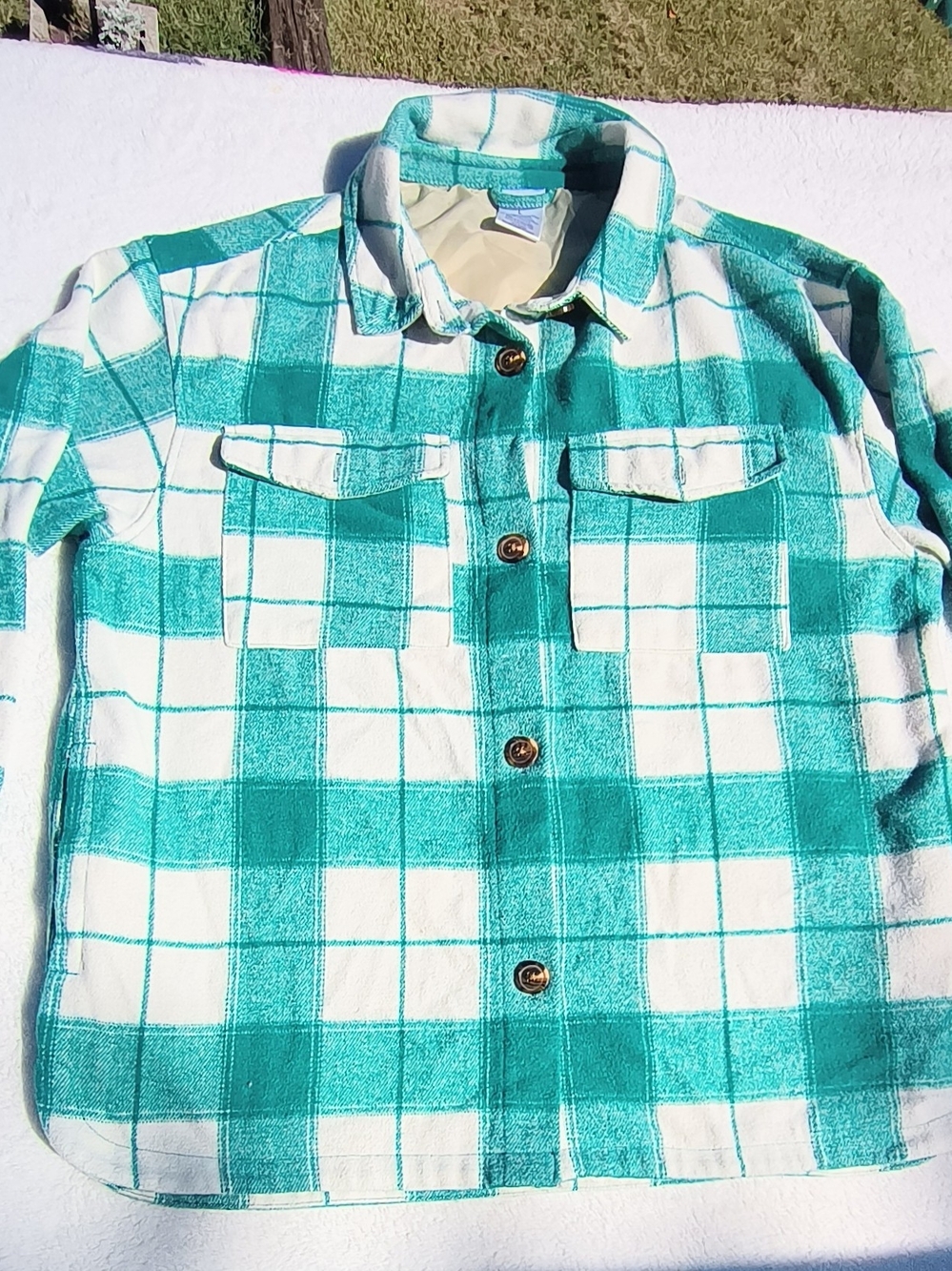 Serra Teal and White Plaid Button-Down Shirt.     S27